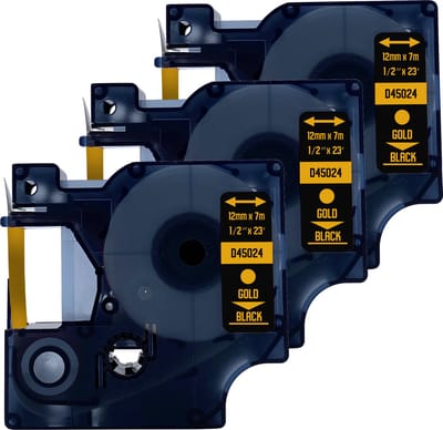 DULA Dymo D1 45024 Compatible label tape - 3 lettertapes - Goud op zwart - 12mm x 7m