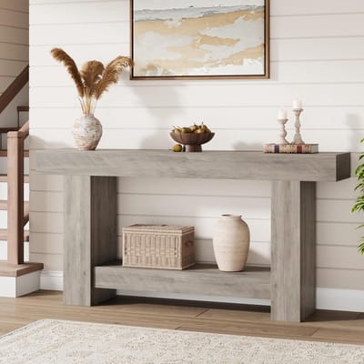 Consoletafel, 160 cm, lange haltafel met 2 niveaus en opbergruimte, landelijke stijl, spaanplaat, grijs
