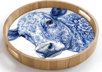 Dienblad rond 40x40 cm - Schootdienblad hout - Illustratie - Koe - Blauw - Borrelplank rechthoek - Plateau houten dienbladen