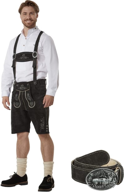 dressforfun - Authentieke Korte Lederhosen Jannis - Met Riem en Bretels - Echt Leer - Zwart - 50 - Oktoberfest Kleding Man - Herenkostuum - Verkleedkleding - Duitse Klederdracht - Carnavalskleding - Klederdrachtvest - Traditionele Leren Broek