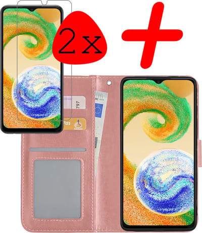 Hoesje Met 2x Screenprotector - Geschikt voor Samsung Galaxy A04s - Luxe Pasjeshouder - Bookcase Portemonee - Flip Case - Kunstleer Book Case - Flipcase Hoes - Book Cover - Walletcase - Portemonneehoes - Rosé goud