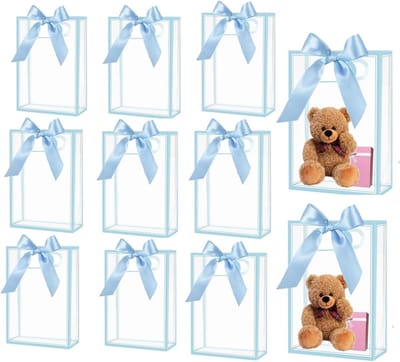 Set van 12 Doorzichtige PVC Cadeautassen met Handvatten, Herbruikbare Plastic Tassen voor Bruiloft, Babyshower en Verjaardag, Lichtblauw, 15 x 24 x 8 cm, Feestdecoratie en Party Favor Bags