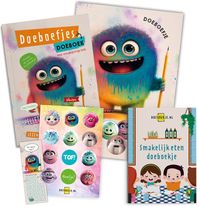 Doeboefjes pakket extra - Doeboefjes Doeboek & Smakelijk eten Doeboekje & poster + stickervel - puzzelen, reken-/woordspelletjes, knutselen - vakantieboek voor kinderen