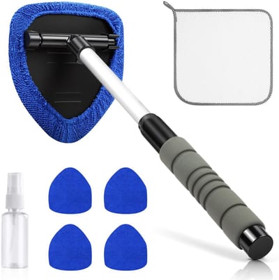 BRENZOOS- Autoruitenreinigerborstel 8-Delige Set - Lange Steel - Wasbare Microvezelpads - Lichtgewicht - Ergonomisch Ontwerp - Multifunctioneel - Ruitenschoonmaker