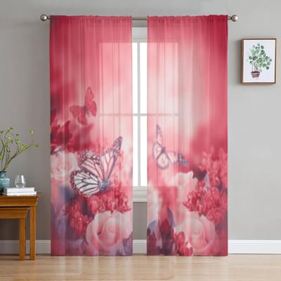 Gele Rozen Rode Tule Transparante Gordijnen voor Woonkamer Decoratie Gordijn voor de Kamer Slaapkamer Keuken Voile Organza Gordijnen 135W x 114H(cm) pink