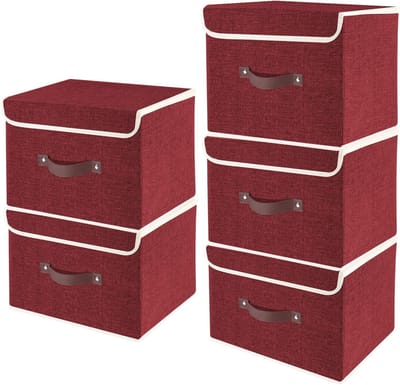 Vouwbare Opbergdozen met Deksel, Wasbaar Textiel, Set van 5, 38x25x25cm, Ideaal voor Organiseren en Opslaan, Rood-Wijnkleur