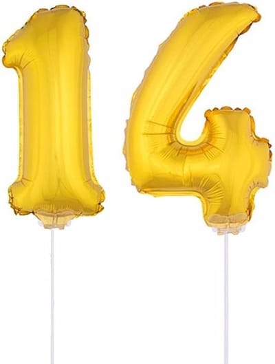 14 jaar leeftijd feestartikelen - versiering cijfers - ballonnen op stokje - van 41 cm - Combi van cijfer 14 - in het goud