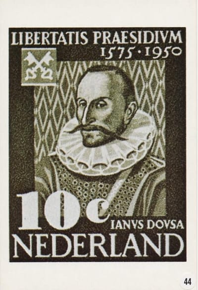 Briefkaart met afbeelding Jan van der Does 1545-1609 ook Janus Dousa en Lord of Noordwyck postzegel