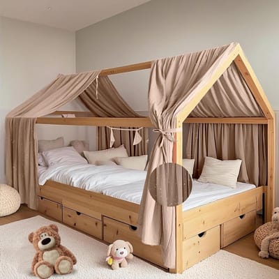 Handgemaakte Bedtent van 100% Katoen Muslin met Gouden Applicaties, Set van 2, Ideaal voor Kinderbeddecoratie, Geschikt voor Jongens en Meisjes (Donkerbeige, 65 x 270 cm)