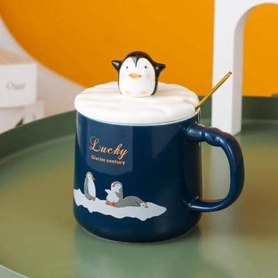 Creatieve Leuke Pinguïn Keramische Mok Mok Cartoon Koppels Kop Koffiekop met Deksel Lepel Student Hittebestendige Waterbeker 301-400ml white
