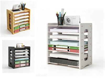KZQ Houten Bureau-organizer - 7-laags plank voor kantoren en scholen - Ruime opbergvakken voor notities, mappen en pennen - Wit, 36 x 25 x 38,5 cm