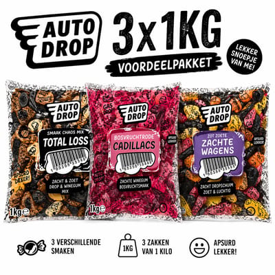 Autodrop - Snoep - 3 x 1 Kilo - Alles Proever - Complete Pakket - 1 Kilo Total Loss - 1 Kilo Zot Zoete Zacht Wagens - 1 Kilo Beroemde Bosvruchtrode Cadillacs - Wichtgoed - Try Out - Liefhebber - Drop - Cadeau