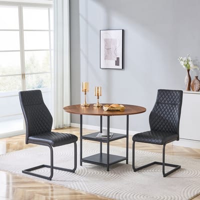 OKWISH Eettafelset 107 Cm - Ronde Tafel Met Dubbel Opbergrek En 2 Stoelen - Industrieel - MDF En Metaal - Zwart Walnoot