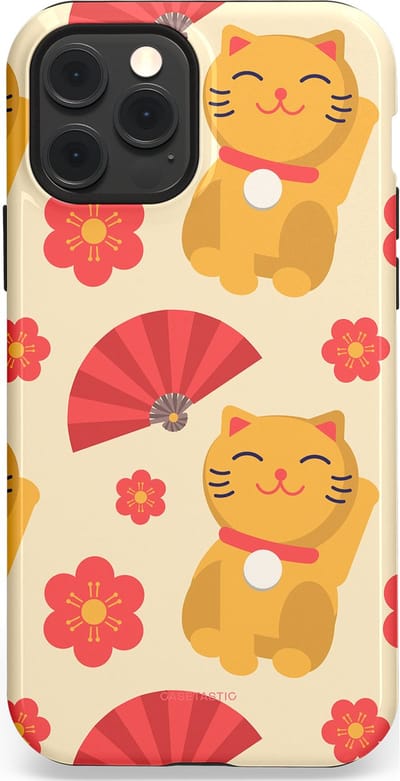Casetastic hoesje geschikt voor Apple iPhone 12 / Apple iPhone 12 Pro - MagSafe - Dubbellaagse bescherming - Japanse Poezenvreugde - Lucky Cats - Fashion Case - Crème Koraal Goud