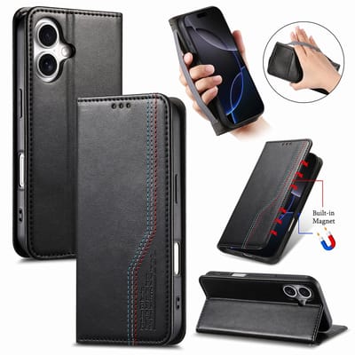 Praktische en Stijlvolle PU Leren Portemonnee Hoes voor iPhone 17 _ Zwart