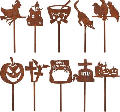 Halloween Tuindecoratie - Roestige Stekers - Buiten Versieren - Set van 10 - 18 cm Hoog - Roestbruin
