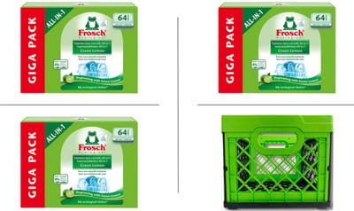 FROSH vaatwastabletten 192 stuks + TONTARELLI vouwkrat 25 liter groen/zwart