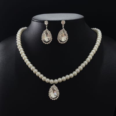 Collier de Perles Gemmes Polyvalent pour Navetteur Boucles d'Oreilles Puces Plaqué Argent Goutte d'Eau Ensemble de Bijoux blanc
