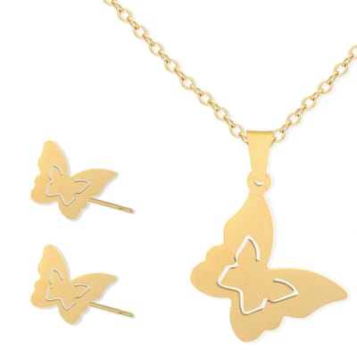 Cadeau Ketting & Oorbellen set met Vlinder - Roestvrij Staal - Goudkleurig - Cadeau Sieraad op Kaartje - Pax Amare