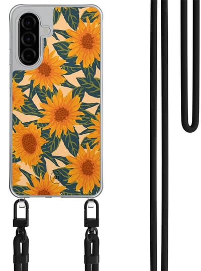 Hoesje met koord geschikt voor Samsung Galaxy A26 - Zonnebloemen - Inclusief Zwart koord - Crossbody beschermhoes - Transparant, Oranje - Mooie Telefoonhoesjes