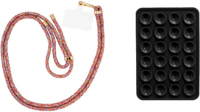 xoxo Wildhearts Telefoonkoord Regenboog & Goud + Telefoonsticker Stick On Me Square Zwart – geschikt voor alle telefoonhoesjes