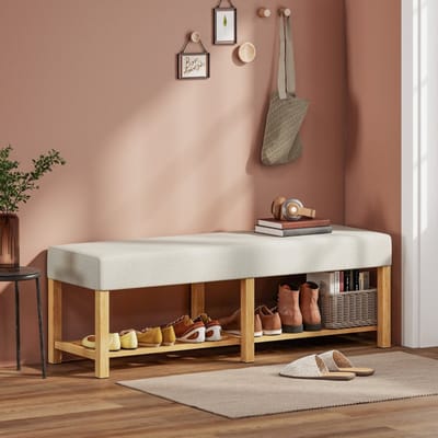 Wishdor - Schoenenbank Voor Hal - 6 Cm Schuimkussen En Ruim Open Opbergvak En Zitplaats Voor Twee Personen - Scandinavisch Ontwerp - Massief Rubberhout Met Stoffering In Linnenlook - Crèmewit - 140 X 44 X 48 Cm
