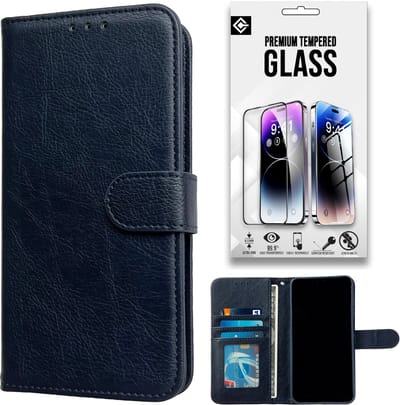 Casemania Hoesje en Glas Geschikt voor Samsung Galaxy A17 5G - Donker Blauw - Luxe Portemonnee Book Case met Pasjeshouder - Wallet Case Telefoonhoesje - 1x Tempered Glazen Screenprotector