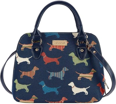 Signare - Handtas - Schoudertas - Luxe Gobelinstof - Dachshund - Hond - Honden - Teckel - Donker blauw
