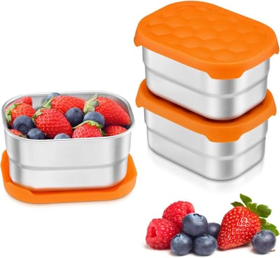 Daity Set van 2 - Roestvrijstalen snackdoosjes - lekvrije voedselbewaarboxen met gekleurde siliconen deksels - kleine metalen lunchboxen - geschikt voor kinderdagverblijven en scholen.