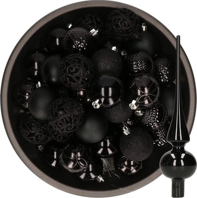 Decoris Kerstballen - 37x stuks - 6 cm - zwart - kunststof - incl. glazen piek glans