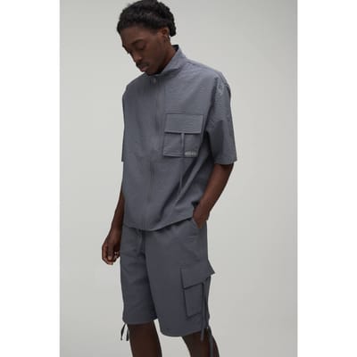 Oversized Funnel Neck Textured Ripstop Cargo Shirt & Longline Short Set | Charcoal | Size XS