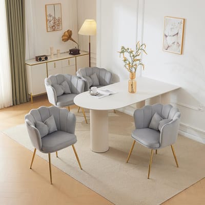 BLACKCOLORS Set van 4 moderne fluwelen salonstoelen, badkamerstoelen, gestoffeerde stoelen met bloembladvormige rugleuning, vergulde metalen poten en vlinderkussens voor de slaapkamer-eetkamer
