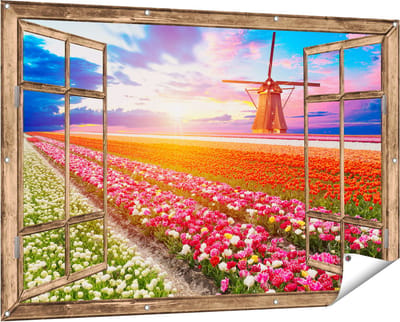 Gards Tuinposter Doorkijk Kleurrijke Bloemenveld met een Windmolen - 150x100 cm - Tuindoek - Tuindecoratie - Wanddecoratie buiten - Tuinschilderij