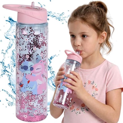 DISNEY Stitch Waterfles met drinktuit en handvat, doorzichtige fles met slangetje 550 ml