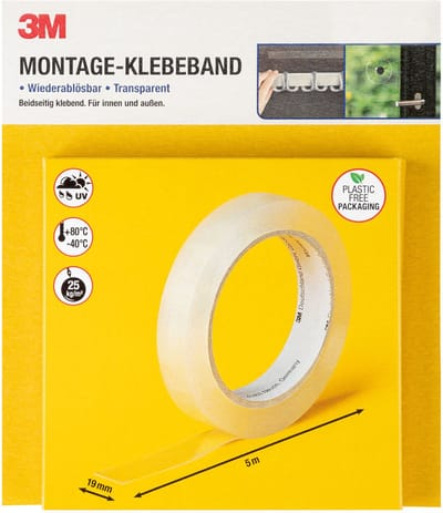 3M Dubbelzijdige Montagetape -  Afneembaar - Afmetingen: 5 m x 1,9 cm - Bevestiging voor binnen en buiten - Hecht op verschillende ondergronden