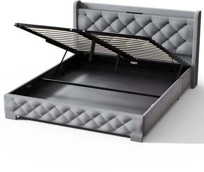 Elekiatech Boxspring 140x200cm - Bed met 680L opbergruimte - Gestoffeerd hoofdbord in fluweel - RGB LED-verlichting met 64 kleuren - Meerdere oplaadpoorten - Grijs/Beige