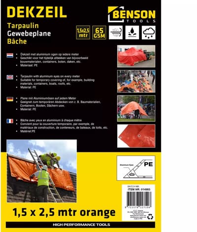 Benson Oranje dekzeil - 1,5 x 2,5 m - Mesh 7x7 - PE 65GSM