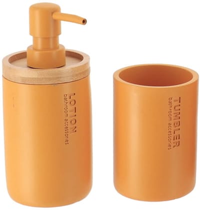 Tendance Badkamer accessoires set 2-delig - Polyresin/bamboe - oranje - robuust - matte coating - luxe set