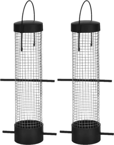 2x stuks kunststof vogel voedersilo zwart 28 cm - Vogelvoederhuisje - Vogel voederstation - Vogelvoer - Hangend