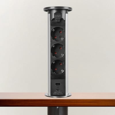 Motoraangedreven Pop-up Inbouw Stopcontact - Zilver, 3-voudig met Kinderbeveiliging, 2x USB (3,1A), 230V 16A, 3500W [20451S]