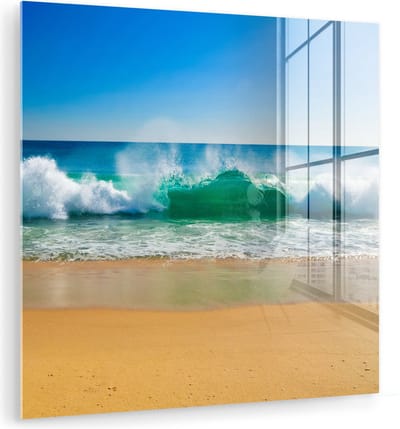MuchoWow® Glasschilderij 90x90 cm - Schilderij acrylglas - Zee - Golf - Strand - Foto op glas - Muurdecoratie woonkamer - Wanddecoratie slaapkamer - Schilderijen