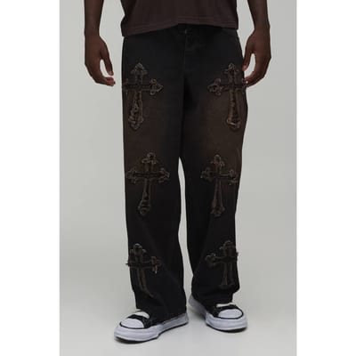 Baggy Rigid Cross Applique Denim Jeans | Brown | Size 32R