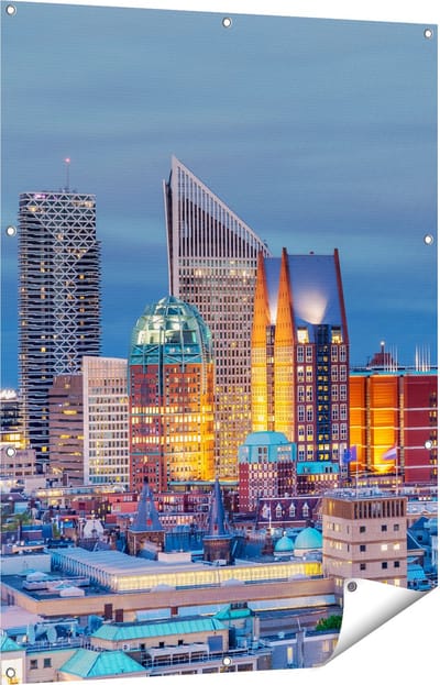 Gards Tuinposter Den Haag Skyline met Wolkenkrabbers - 90x120 cm - Tuindoek - Tuindecoratie - Wanddecoratie buiten - Tuinschilderij
