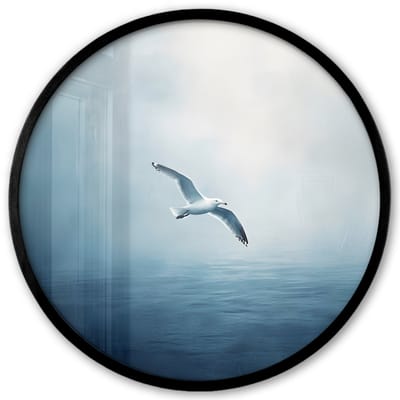 Poster in lijst Rond - Fotolijst 40x40 cm - Posters - Meeuw - Wit - Zee - Mistig - Ronde posterlijst zwart - Decoratie - Wanddecoratie woonkamer - Muurdecoratie slaapkamer