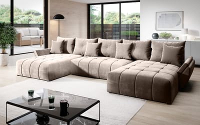 Hoekbank Domo U - Hoeksalon wooneiland Velvet Beige - Xl met Slaapfunctie en Opbergruimte - Universele lounge links of rechts