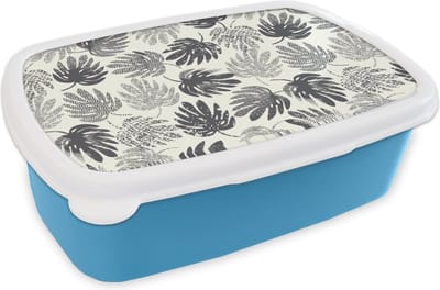 Broodtrommel Blauw - Lunchbox - Brooddoos - Monstera - Zwart Wit - Patronen - Vintage - 18x12x6 cm - Kinderen - Jongen