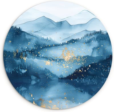 WallCircle® Wandcirkel 90x90 cm - Muurcirkel Landschap - Blauw - Modern - Goud - Abstract - Bergen - Natuur - Muurdecoratie cirkel woonkamer - Wanddecoratie slaapkamer - Badkamer - Kamer decoratie accessoires - Ronde schilderijen