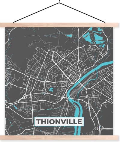 Posterhanger incl. Poster 40x40 cm - Schoolplaat - Frankrijk - Plattegrond - Kaart - Stadskaart - Thionville - Textielposter - Blanke latten - Stadskaart