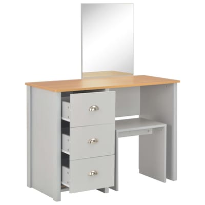 vidaXL - Kaptafel - met - spiegel - en - krukje - 104x45x131 - cm - grijs