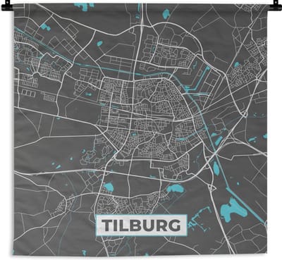 Wandkleed - Stadskaart - Tilburg - Grijs - Blauw - 120x120 cm - Wandtapijt
